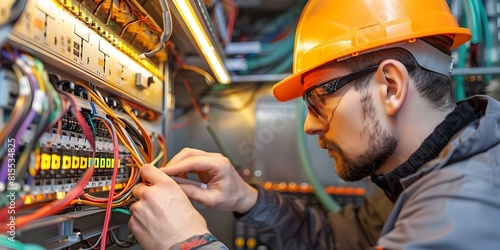 Electrician performs voltage and current tests in electrical cabinet to ensure safety and functionality. Concept Electrician, Electrical Testing, Voltage, Current, Safety
