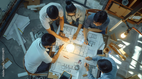 top view of group of smart asian architect interior design team consulting with constrction engineer work brainstrom meeting with house project blueprint and home mockup in house reno : Generative AI