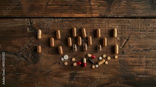 Promoting a drug free environment in sports with a strict anti doping policy or having zero tolerance for drugs An arrangement of drugs and pills showcased on a wooden surface from a top do