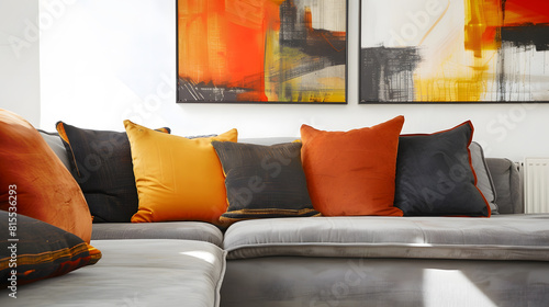 Yellow orange black and brown pillows on comfortable grey scandinavian sofa in bright living room interior with abstract paintings on the wall : Generative AI