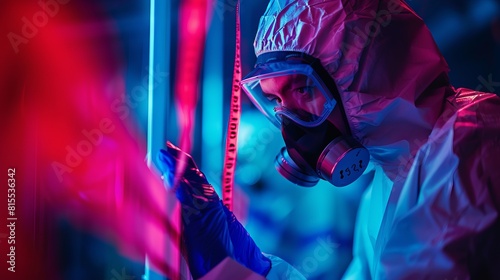 Intense image of a scientist in full protective gear, meticulously analyzing samples in a laboratory illuminated by vivid neon lights.