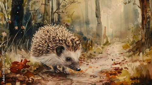Tranquil watercolor illustration of a hedgehog ambling along a forest path, its spines delicately rendered against the underbrush
