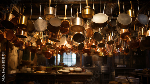 Many pans hanging in a restaurant kitchen