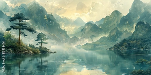 A serene landscape showcasing misty mountains reflected in a still lake with birds flying overhead, emanating tranquility