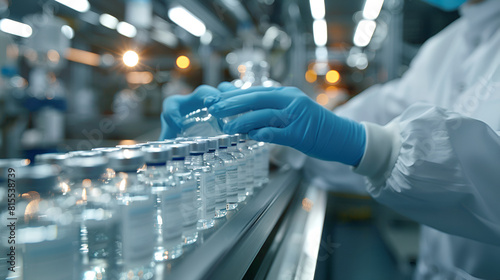 a conveyor pharmacist gloves sanitary in belt production examining a with factory on vials scientist medical with ai pharmaceutical line generative