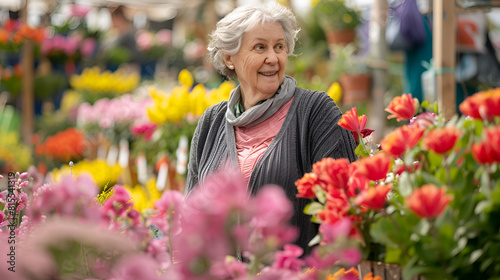 senior pensioner flowers walking of garden woman at mature female garden in the centre with blooming spring lots