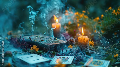 Candles and fortune telling magic in the forest. Selective focus.