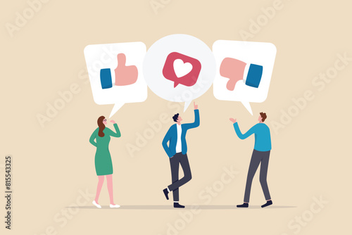 Social feedback, opinion or business advice, employee discussion, debate or customer comment, social media positive and negative feedback, people giving opinion with thumb up, thumb down feedback.