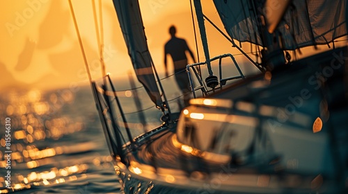 A man is sailing on a sailboat as the sun sets in the background, creating a serene and picturesque scene on the water