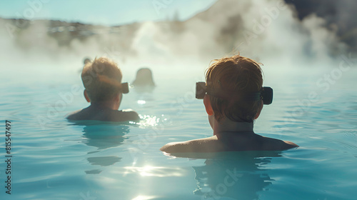 active iceland lagoon senior people group elderly in spa swimming blue geothermal