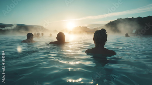 iceland senior spa geothermal swimming in group elderly blue active people lagoon