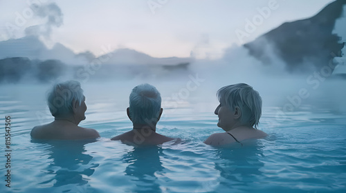 blue active geothermal group lagoon swimming elderly senior in spa people iceland