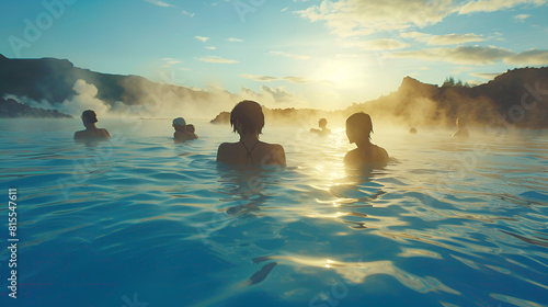 in active spa swimming group elderly iceland geothermal people senior lagoon blue