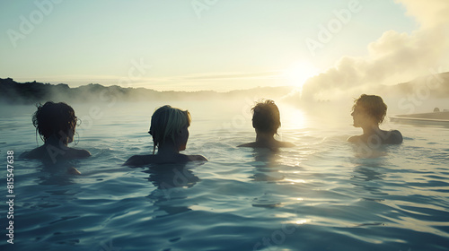 iceland people senior group in swimming blue lagoon geothermal spa elderly active