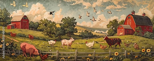 Illustrate a lively birds eye perspective of a bustling farmyard teeming with various domestic animals Show charming details like a curious piglet trotting alongside a clucking hen