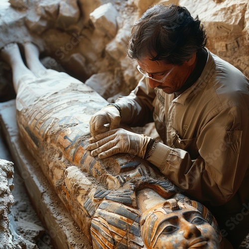 archeologist carefully extracting a mummy from its sarcophagus for analysis