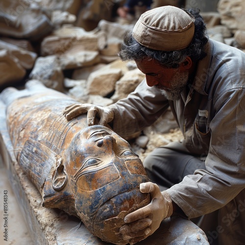 archeologist carefully extracting a mummy from its sarcophagus for analysis