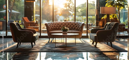 Transport yourself to a world of refined comfort with a photograph showcasing the stylish lobby interior of an upscale venue, complete with inviting soft seating and a chic coffee table, set against t
