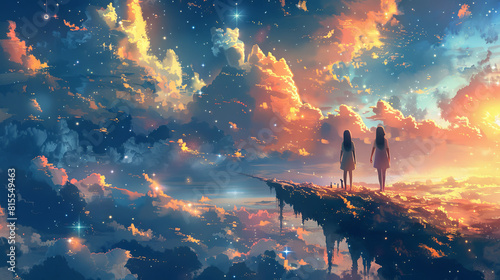 fantasy illustration of two little girl sisters on the peak of mountains on the sky starry and clouds background