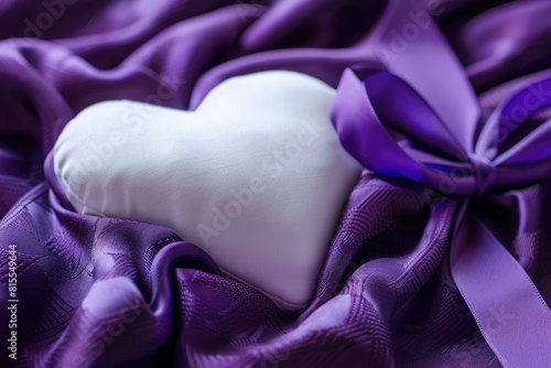 Love Card Featuring a White Heart Adorned with a Purple Ribbon