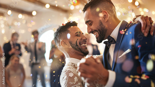 A happy LGBT couple sharing their first dance as newlyweds in a beautifully decorated reception hall, with guests cheering and celebrating around them