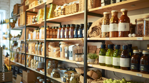 Zero waste shop interior Wooden shelves with different food goods and personal hygiene or cosmetics products in plastic free grocery store Ecofriendly shopping at local small businesse : Generative AI