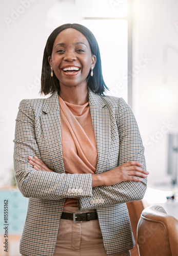 Office, happy and portrait of black woman with smile for professional job, pride and administration. Consultant, arms crossed and face with confidence for company, ambition and career at agency