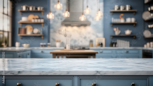 Clean, empty marble kitchen island in the style of a classic, blue kitchen from the Provençal region. Dining table with fashionable furnishings in blur, including drawers and cookware