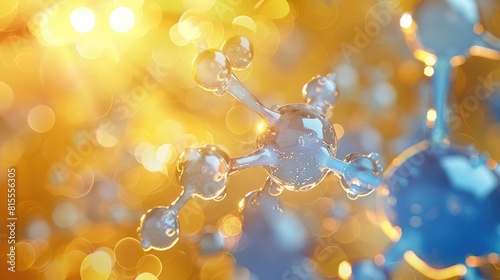 Vitamin B5 molecular structure in 3D icy blue, with glowing bokeh on a softly blurred yellow background
