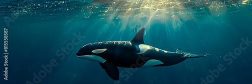 Orca swimming beneath the ocean surface with sunlight filtering through the water. 