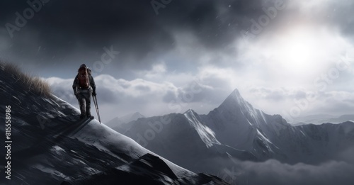 mountaineer bravely climbing snowy peaks, embarking on an extreme winter trek adventure. This concept art evokes the spirit of exploration and survival challenge in a harsh environment
