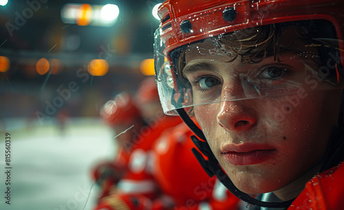 Young hockey player looks on from the bench during game.