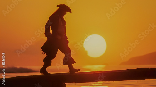 Pirate walking on a pontoon at sunset, AI-generated.