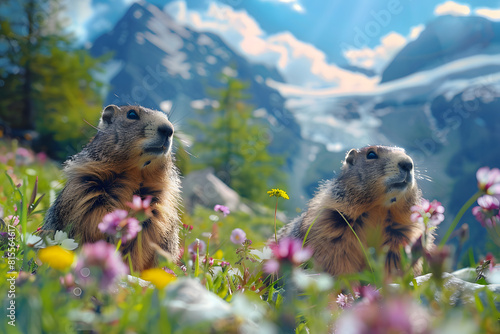 Alpine marmots amidst mountain scenery