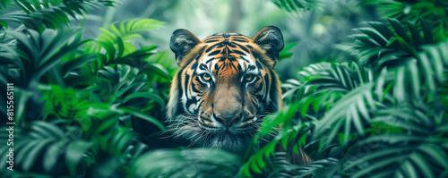 Close-up view of tiger in green forest. Wild animals concept.