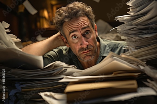 A man is drowning in paperwork. He is surrounded by stacks of paper and he has a stressed look on his face.