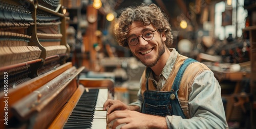 Smiling young man with curly hair enjoying piano restoration in his vintage workshop