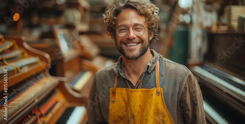 Happy artisan in workshop surrounded by vintage tools and instruments