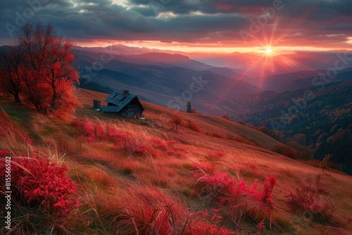 Colorful Autumn Sunrise in the Carpathian Mountain