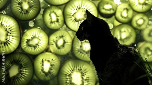 A black cat sits in front of a wall of kiwi slices.