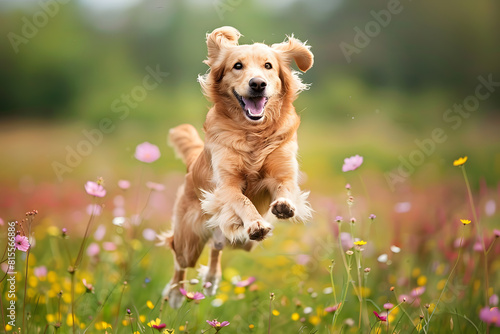 Joyful golden retriever playing in flower meadow