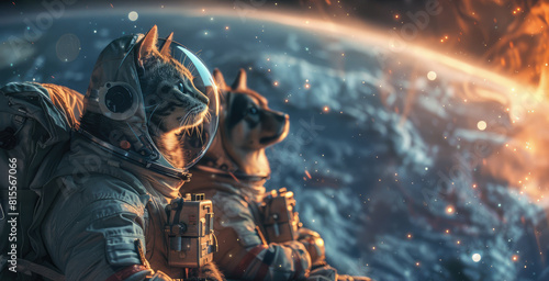 A cat and a dog in spacesuits are looking out at a planet.