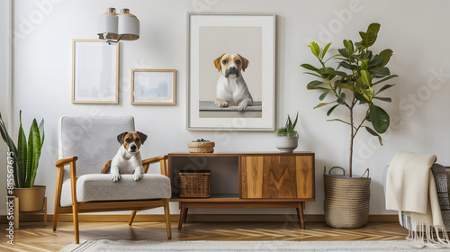 Elegant living room interior design with mockup poster frame modern frotte armchair wooden commode beautiful dog lying on the carpet and stylish accessories Eucalyptus wall Template Co : Generative AI