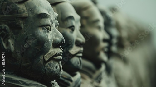 A close up of the faces of the Terracotta Army statues