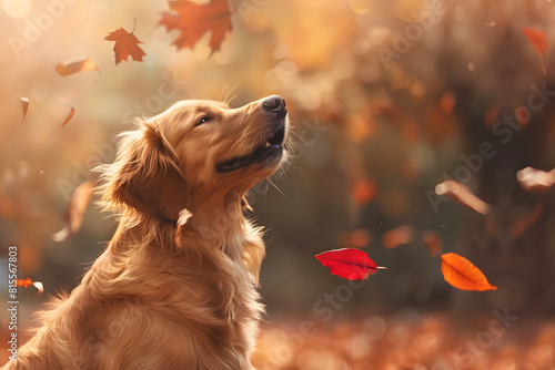 Autumnal joy: golden retriever amidst falling leaves