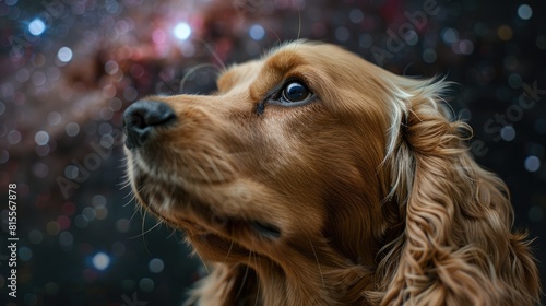 A cocker spaniel dog looking up at the stars in the night sky.