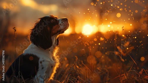 A cocker spaniel sits in a field of tall grass at sunset, looking up at the sky in wonder as the sun sets behind it.