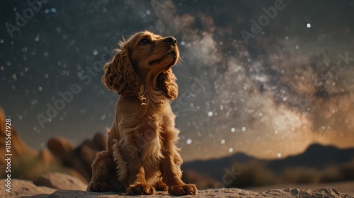 A cocker spaniel sits on a rock in the desert and looks up at the stars in awe.