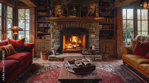 A cozy living room with a fireplace, two red sofas, and a coffee table with a tray of firewood on it. The room is decorated with bookshelves, a bearskin rug, and a red patterned rug.