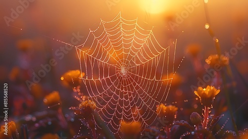 Capture the intricate symmetry of a spider's web, its delicate strands glistening with dewdrops in the soft light of dawn.